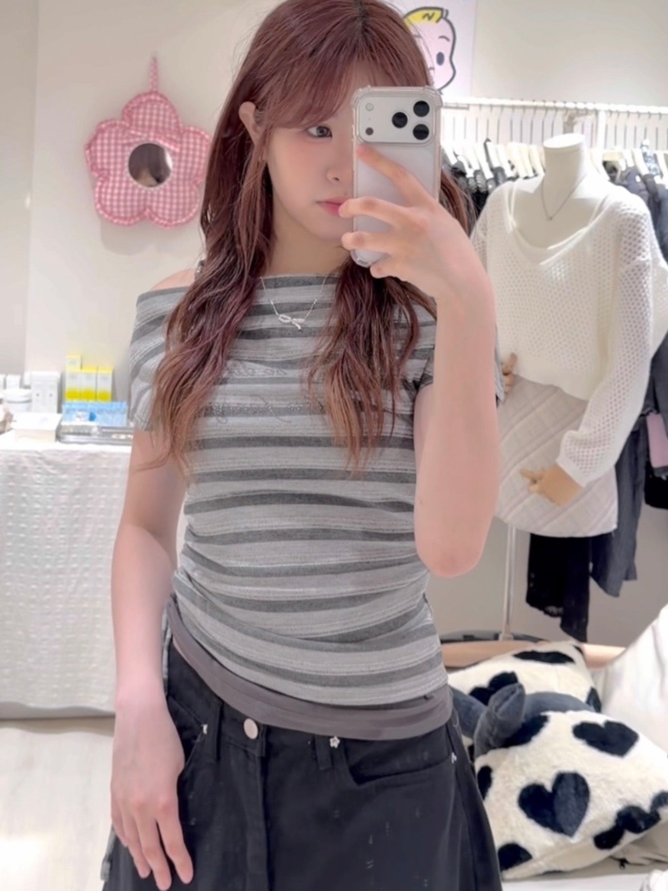 假兩件拼色間條上衣