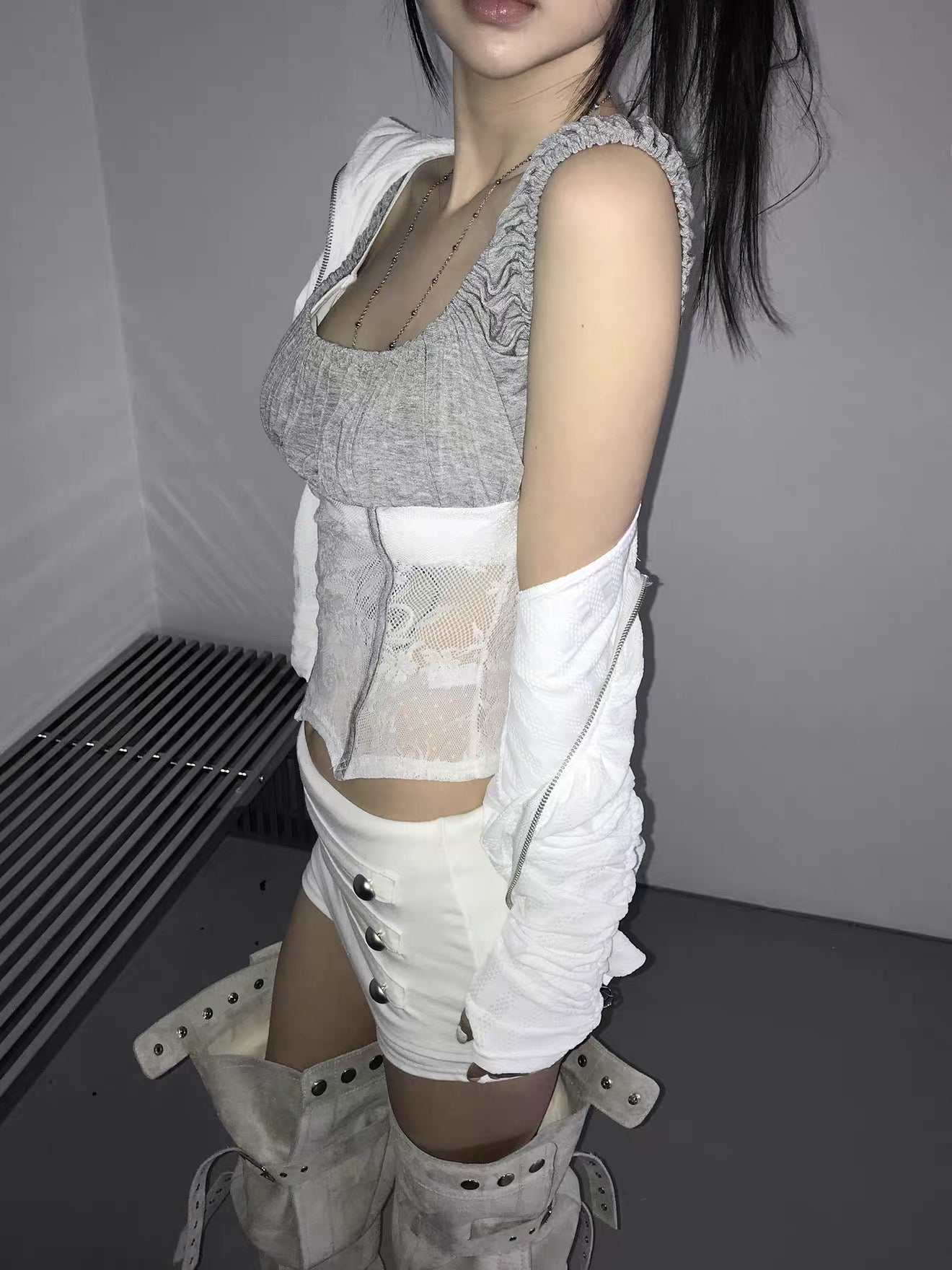 2ways蕾絲接拼褶皺上衣