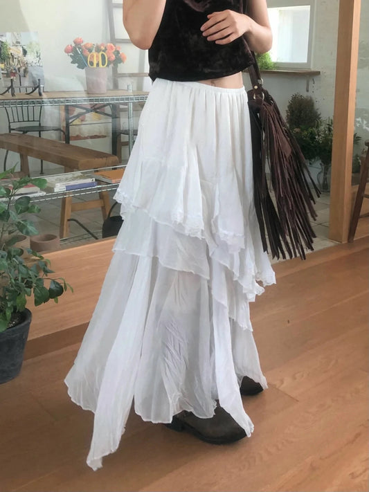 高品質⸜♡⸝斜擺蕾絲鬆緊腰長裙