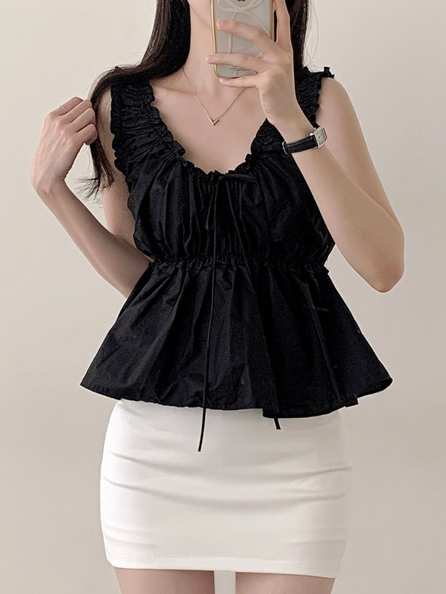 Plain frill bustier flare blouse