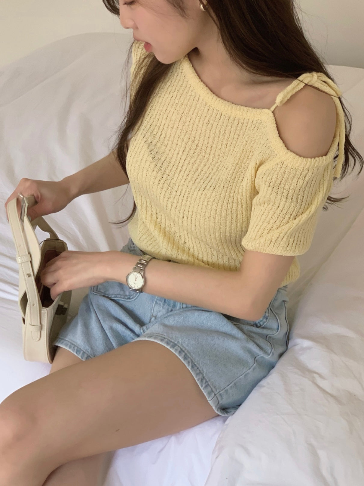 Ribbon boucle short sleeve knit