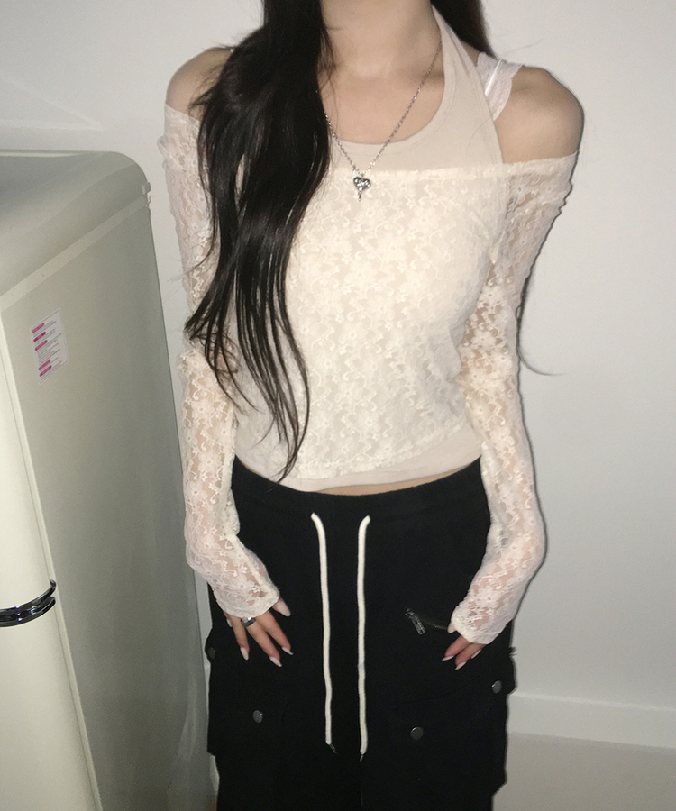 假兩件掛頸蕾絲上衣
