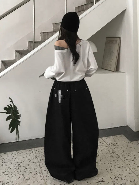 型格十字架鉚釘闊腳褲