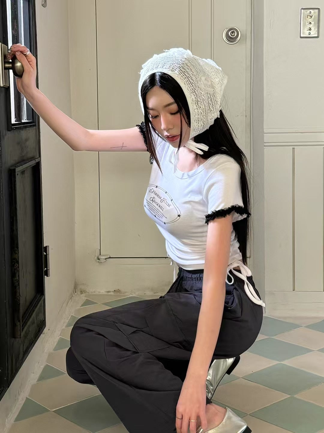 日系花邊抽繩短tee