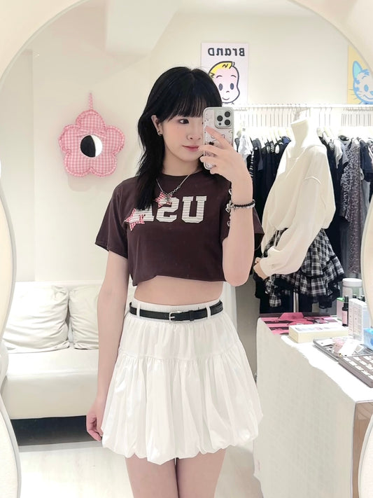 USA復古短tee+白色短裙套裝