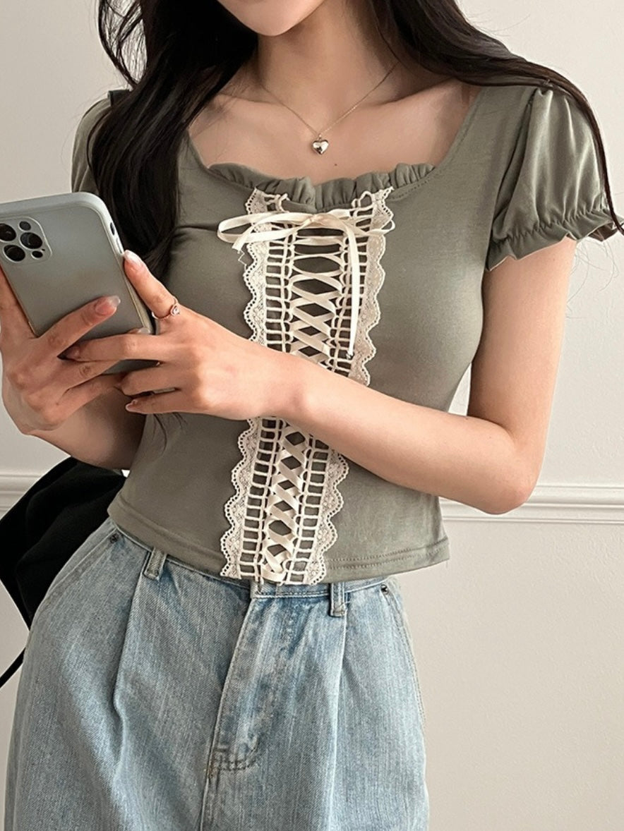 Ribbon corset puffed tee