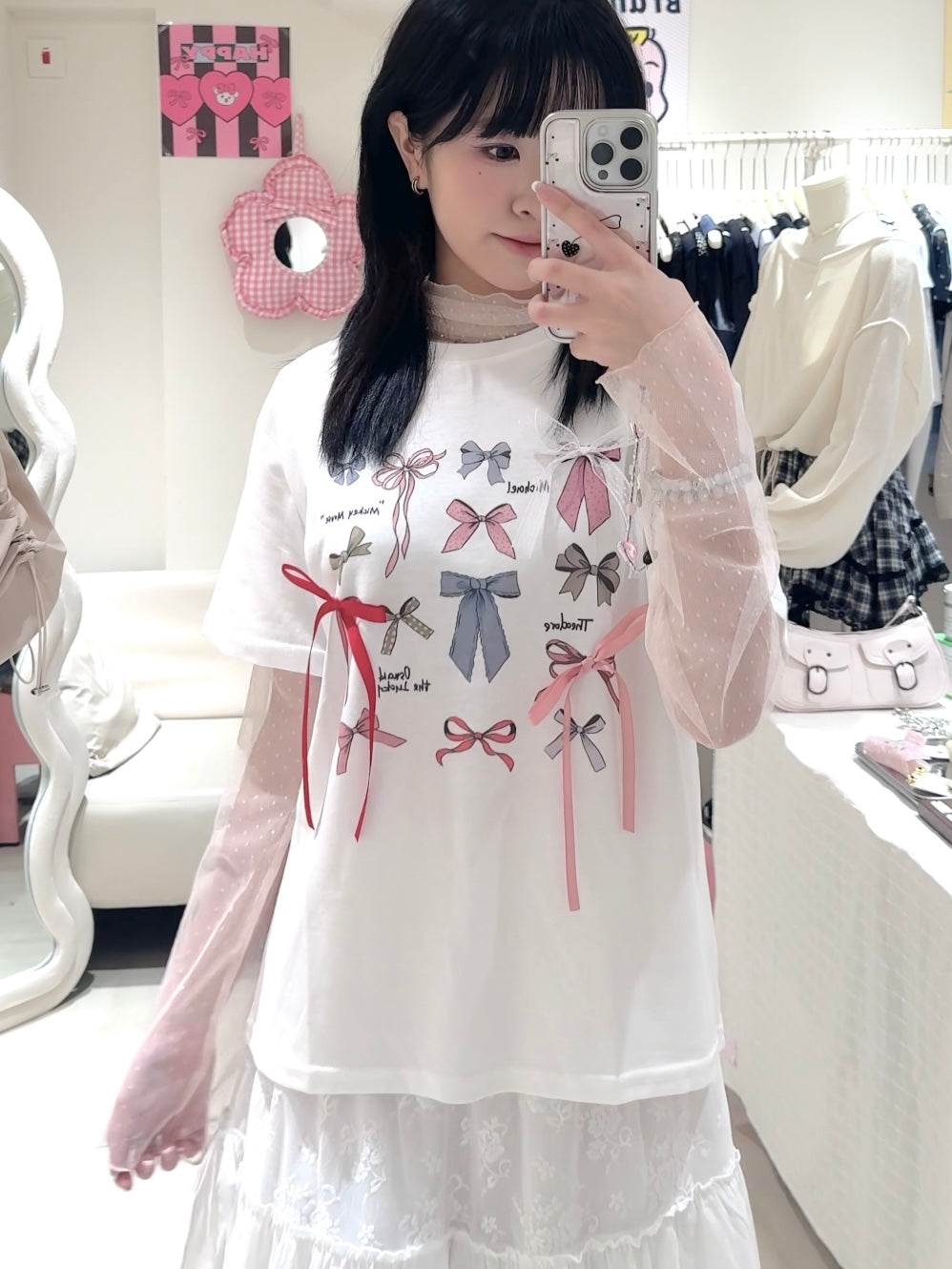 蝴蝶結Tee+絕美蕾絲拼接裙套裝