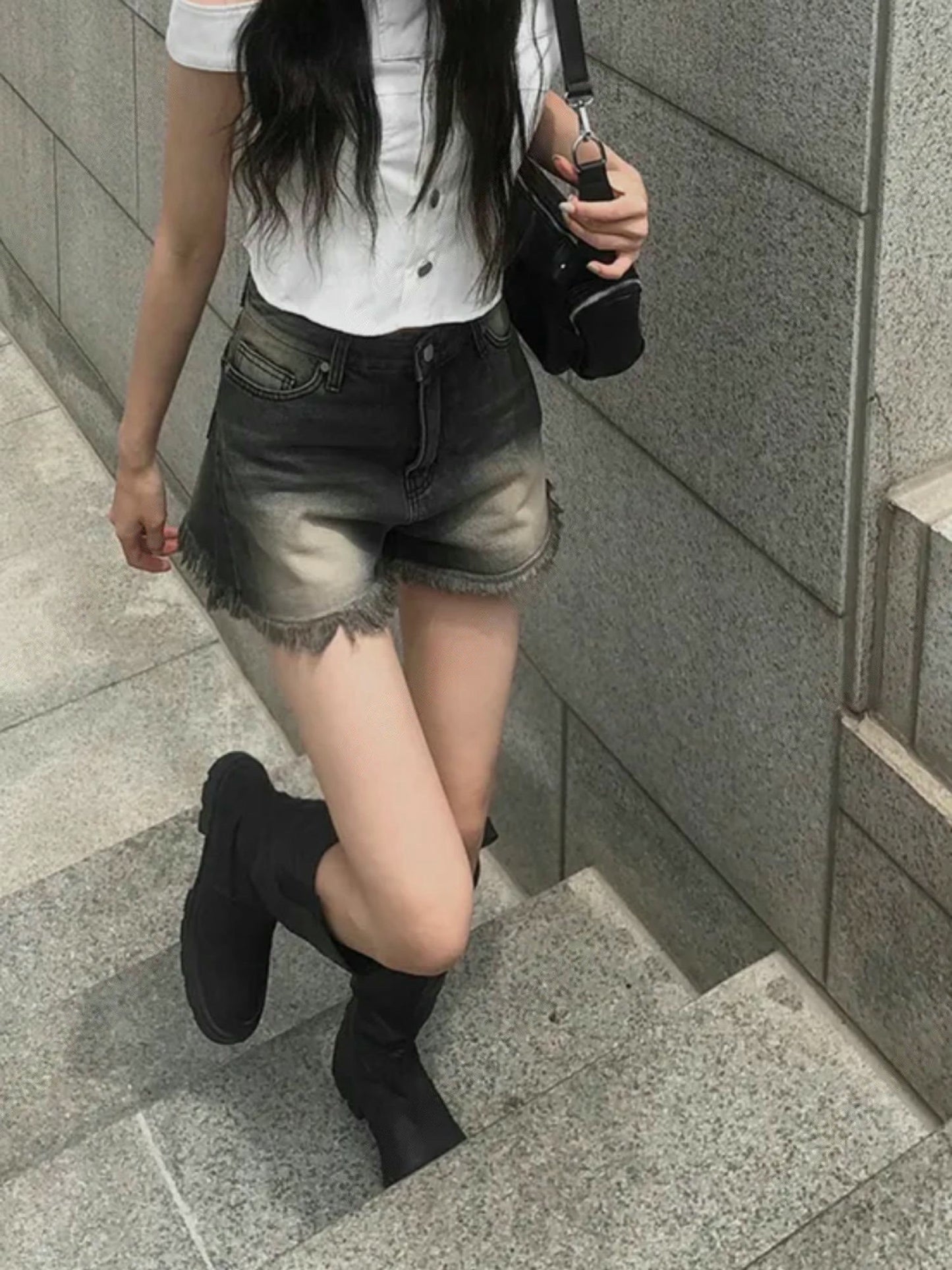 洗水高腰流蘇邊短褲