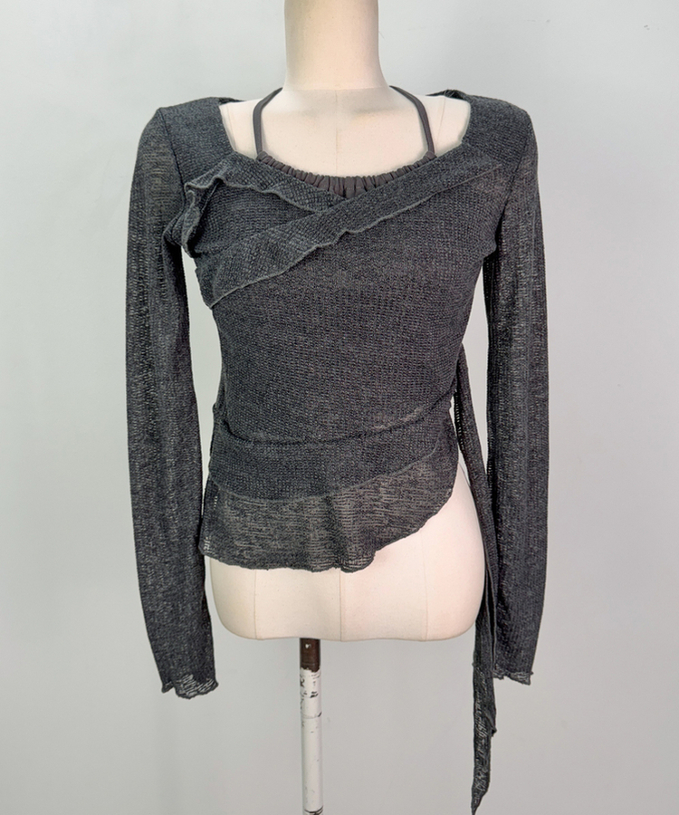 假兩件荷葉邊綁帶上衣