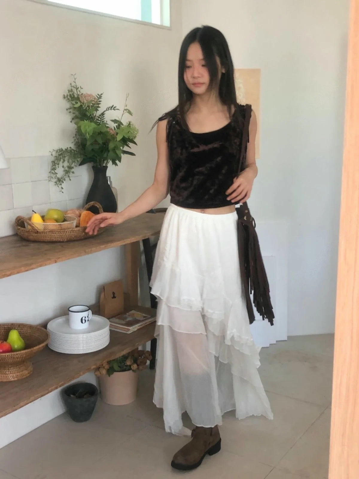 高品質⸜♡⸝斜擺蕾絲鬆緊腰長裙