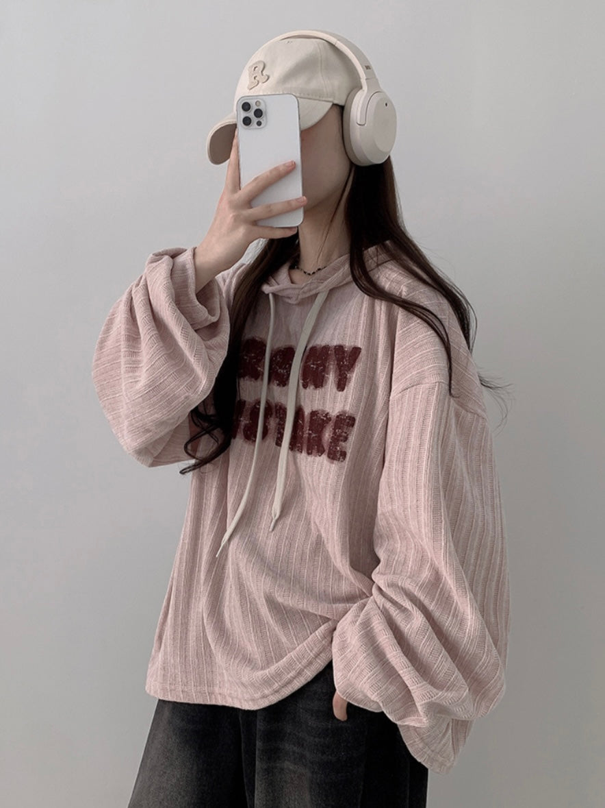 直紋蜜桃絨面字母hoodie