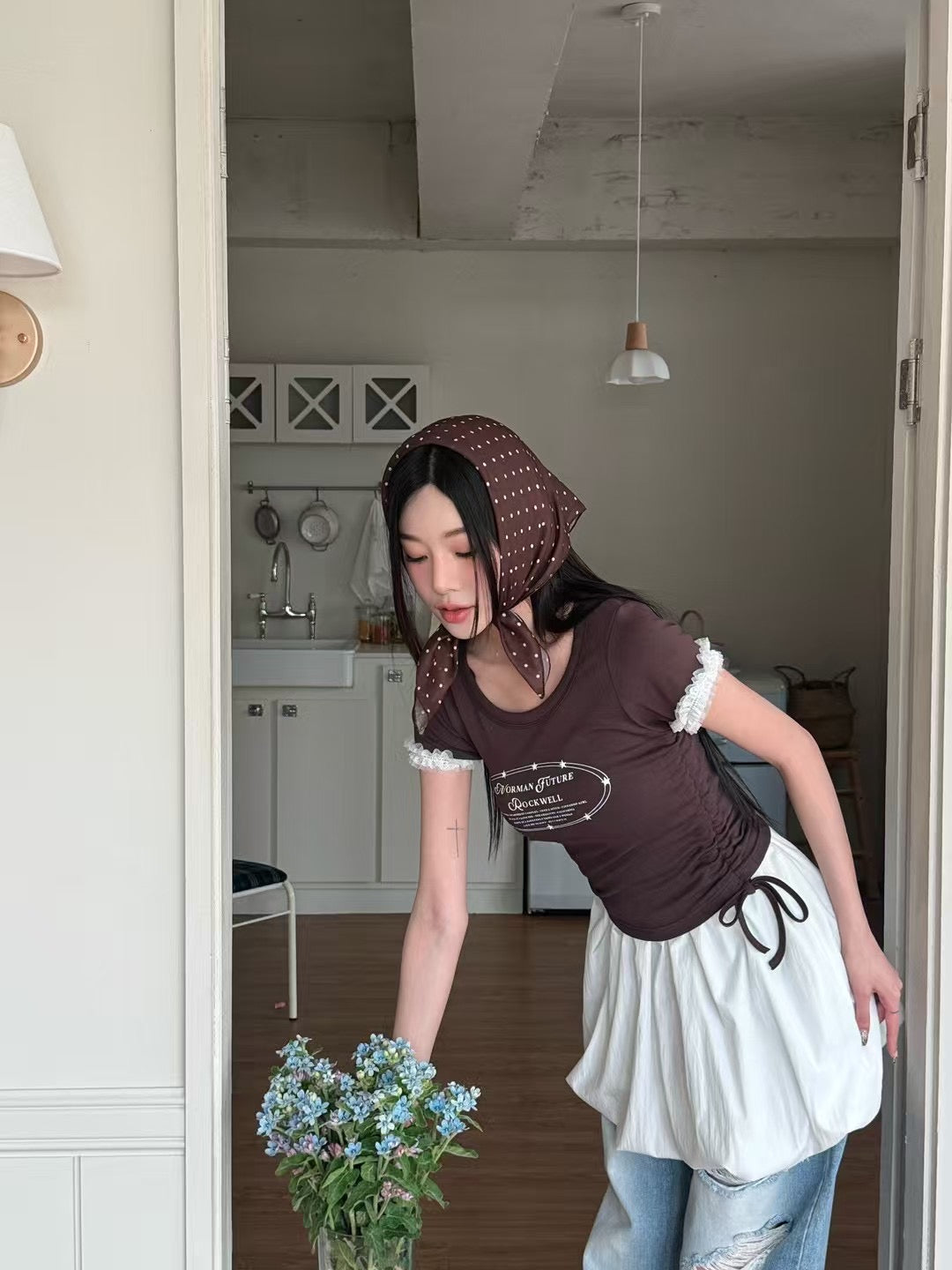 日系花邊抽繩短tee