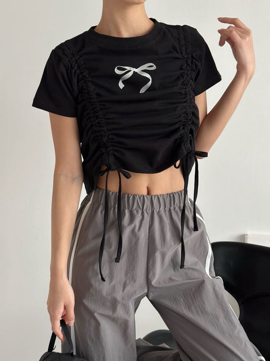 皺褶綁帶蝴蝶結Crop Tee